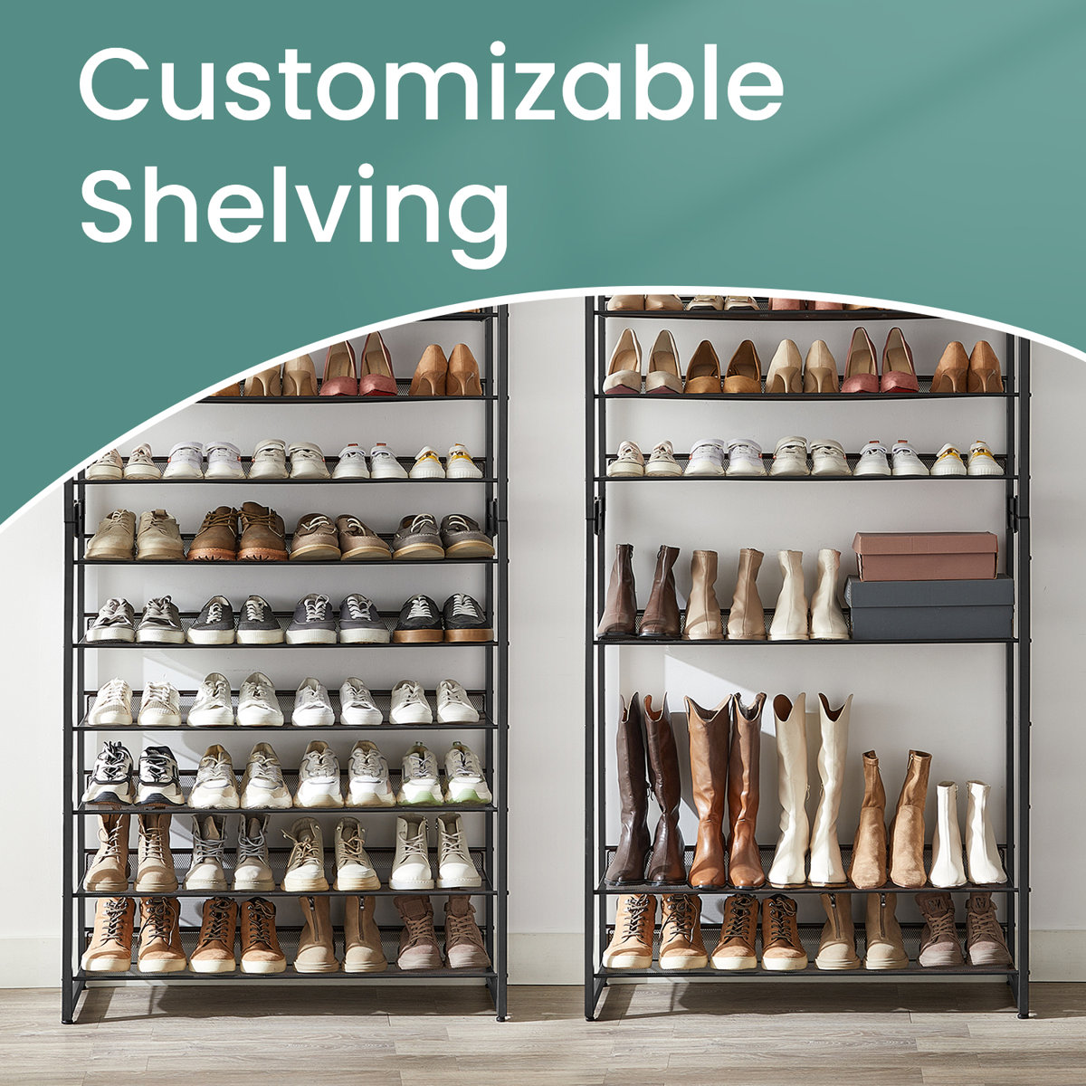 Abbi 48-60 Pair Stackable Shoe Rack, with Adjustable Flat or Angled Shelves